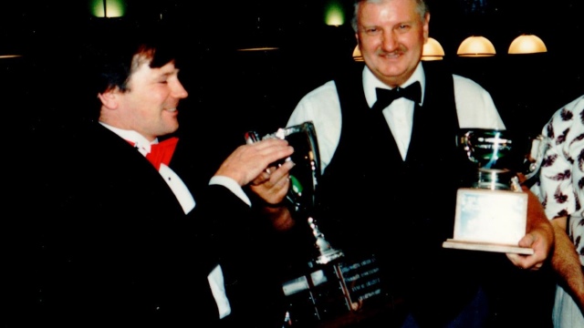 Michael Collins (left) presents Tom Kollins as the inaugural United States National Snooker Champion back in 1991 - Photo  SnookerUSA.com