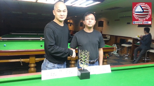 Event 1 winner of the 2013-14 USSA Tour, Raymond Fung (left), pictured with runner-up, Tim Lee - Photo  SnookerUSA.com