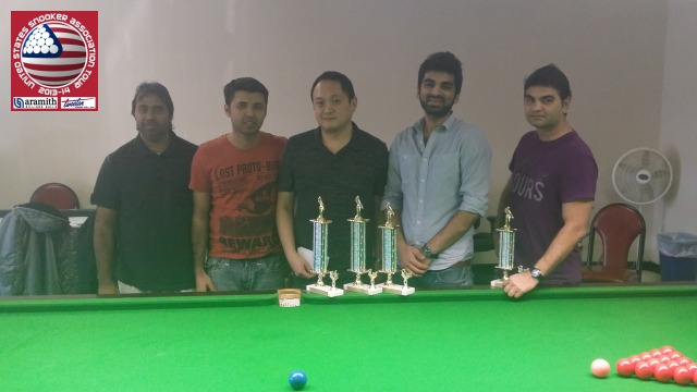 Event 3 winner of the 2013-14 USSA Tour, Keith Boon (center), pictured with runner-up Nikhil Khatwani (second right), third placed Aslam Warind (far right), and the proprietors of the Houston Snooker Club, Mohammed Iqbal (far left) and Syed Hassan (second left) - Photo  SnookerUSA.com