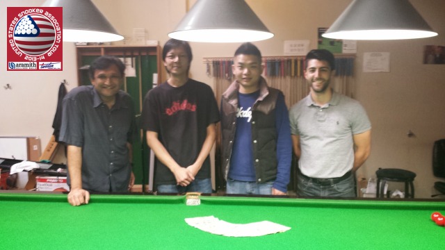 Event 4 winner of the 2013-14 USSA Tour, Sargon Isaac (far right), pictured with runner-up Ajeya Prabhakar (far left), and the proprietors of Ace Snooker Club, Alan Kam (second left) and Eric Ng (second right) - Photo  SnookerUSA.com