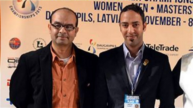 Ahmed Aly Elsayed (right) pictured with Rezk Atta at the 2013 IBSF World Snooker Championships in Latvia -  IBSF