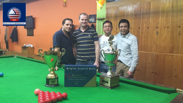 Event 1 winner of the 2014-15 USSA Tour, Paul Carbin (second left), pictured with runner-up, Tim Lee (second right), and losing semifinalists William Chu (far right) and Laszlo Kovacs - Photo  SnookerUSA.com