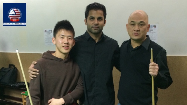 Event 5 winner of the 2014-15 USSA Tour, Raymond Fung (right), pictured with runner-up, Lee Kang (left), and losing semifinalist, Kashif Rashid - Photo  SnookerUSA.com