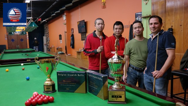 Event 8 winner of the 2014-15 USSA Tour, Kevin Wong (far left), pictured with runner-up Juno Chen (second right), and losing semifinalists William Chu (second left) and Laszlo Kovacs - Photo  SnookerUSA.com