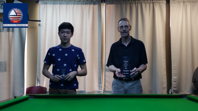 Event 12 winner of the 2014-15 USSA Tour, Byron Richmond (right), pictured with runner-up, Andy Liu - Photo  SnookerUSA.com