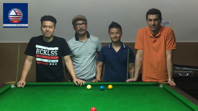 Event 13 winner of the 2014-15 USSA Tour, Phuntsok Tashi (far left), pictured with runner-up Riz Kahn (far right), and losing semifinalists Gyalzen Lama (second left) and Biju Sherpa - Photo  SnookerUSA.com