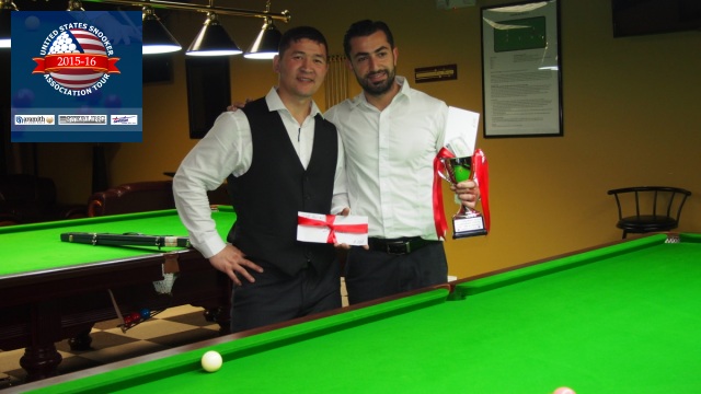 Event 5 winner of the 2015-16 USSA Tour, Renat Denkha (right), pictured with runner-up, Tsogbadrakh Dandar - Photo  SnookerUSA.com