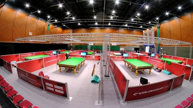 A view of the World Snooker Q School set-up inside the Meadowside Centre - Photo  WorldSnooker.com