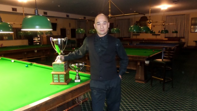 The 2017 United States National Snooker Champion, Raymond Fung, pictured with the Championship trophy - Photo  SnookerUSA.com