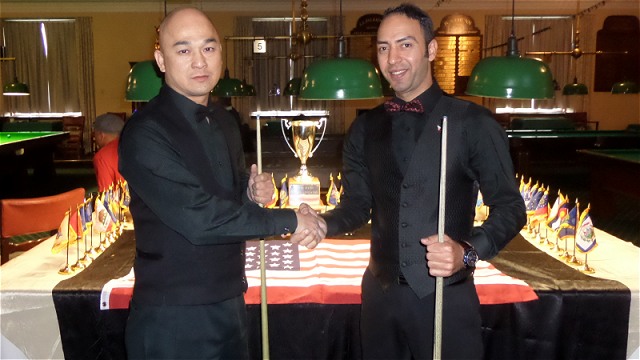The 2017 United States National Snooker Championship finalists Raymond Fung (left) and Ahmed Aly Elsayed pictured before the commencement of the match - Photo  SnookerUSA.com