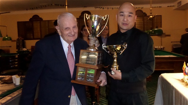 The 2017 United States National Snooker Championship trophy presentation: Pictured with Raymond Fung is Tom Kollins (left), the record five-times champion and Vice-President of the United States Snooker Association (USSA) - Photo  SnookerUSA.com