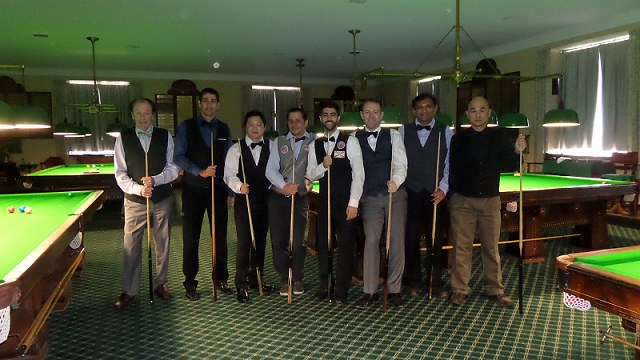 The round of 16 players competing in the 10am session (from left to right): Terry Dunne, Omar Balsara, Li Hua Chen, Laszlo Kovacs, Sargon Isaac, Mark White, Ajeya Prabhakar and Raymond Fung - Photo  SnookerUSA.com