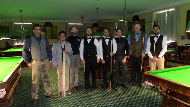 The round of 16 players competing in the 1pm session (from left to right): Rizwan Khan, Wenpei Zhu, Mihai Visovan, Saif Ibrahim, Ahmed Aly Elsayed, Louis Pannullo, Ian O'Mahony and Renat Denkha - Photo  SnookerUSA.com