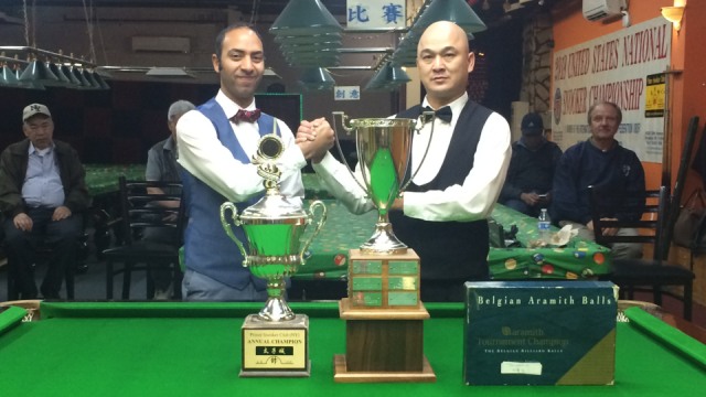 The 2018 United States National Snooker Championship finalists Raymond Fung (right) and Ahmed Aly Elsayed pictured before the start of the match - Photo  SnookerUSA.com