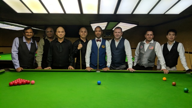 The quarterfinalists of the 2019 United States National Snooker Championship (from left to right): Ajeya Prabhakar, Nitin Mehta, Raymond Fung, Steven Wong, Ahmed Aly Elsayed, Mark White, Laszlo Kovacs and Cheang Ciing Yoo - Photo  SnookerUSA.com
