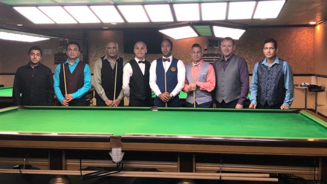 The round of 16 players competing in the 11am session (from left to right): Amit Karki, Vaishal Talati, Nitin Mehta, Steven Wong, Ahmed Aly Elsayed, Michael Monegato, Mark White and Rushil Vig - Photo courtesy of Kris Monegato /  SnookerUSA.com