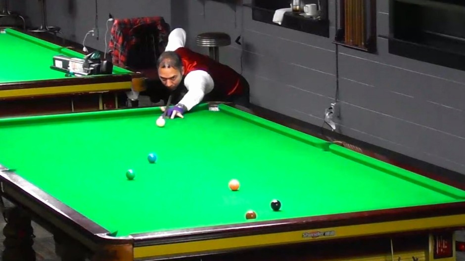 Ahmed Aly Elsayed pictured just about to pot the green ball in the final frame of his semifinal against Noel Rodrigues Morreira, knowing that will secure his place in the final - Photo courtesy of CBBS YouTube