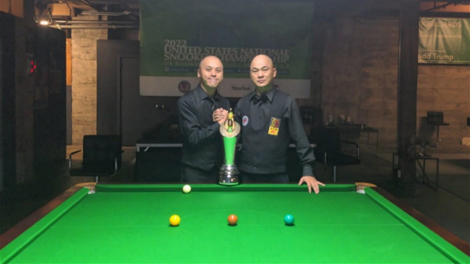 The 2022 United States National Snooker Championship finalists: Steven Wong (left) pictured with Raymond Fung before they do battle