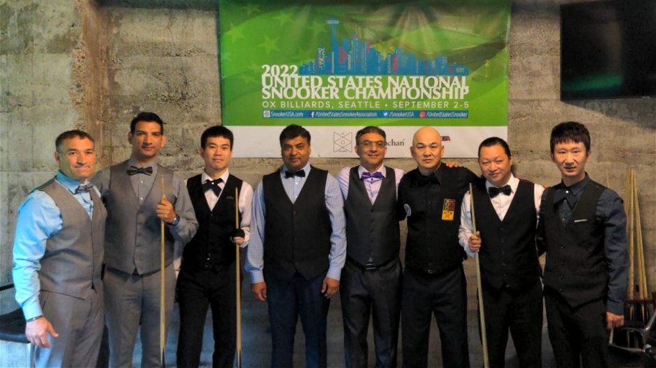 The eight players competing in the 10am session of the round of 16 matches. From left to right: Alfred Tinger, Arif Mahmood, Cheang Ciing Yoo, Rajneesh Bansal, Amitabh Seth, Raymond Fung, Li Hua Chen & Jacky Wei