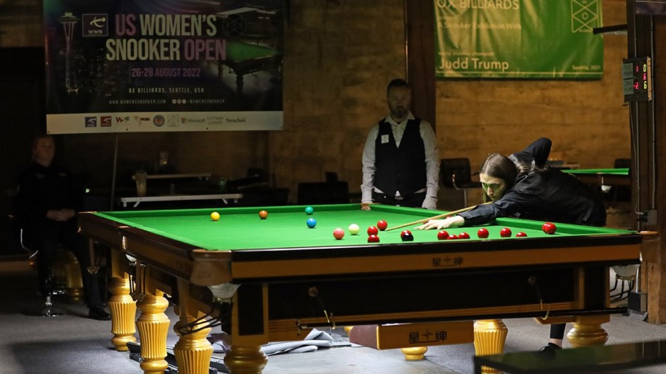Jamie Hunter pictured at the table during the final of the 2022 U.S. Women's Snooker Open