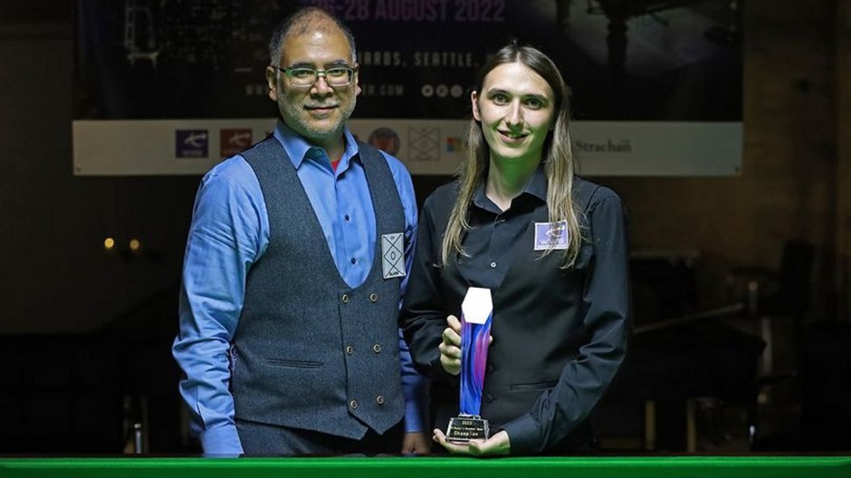 Jamie Hunter, the 2022 Women's U.S. Snooker Open champion, pictured with the owner of Ox Billiards, Mike Dominguez
