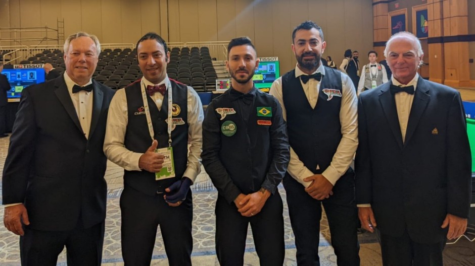 PABSA players and officials at the snooker event of the World Games, from left to right: John Lewis (referee - United States), Ahmed Aly Elsayed (player - United States), Victor Sarkis (player - Brazil), Renat Denkha (player - United States) & Kevin Patrick (referee - Canada)