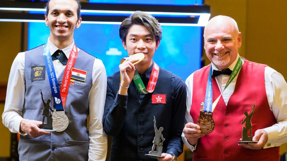 World Games snooker gold medal winner Cheung Ka Wai of Hong Kong (center) pictured with silver medalist Abdelrahman Shahin of Egypt (left) and bronze medalist Darren Morgan of Great Britain (right)