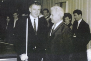Tom Kollins pictured with the legendary Willie Mosconi during a pool exhibition in 1964