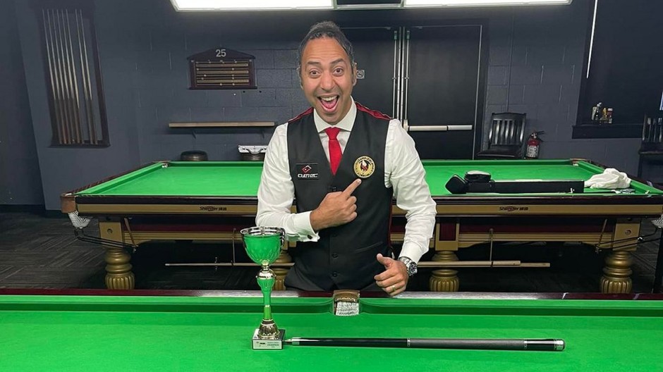 Ahmed Aly Elsayed pictured with the trophy and celebrating his 2022 Pan American Snooker Championships Open Event title victory - Photo courtesy of Ahmed Aly Elsayed
