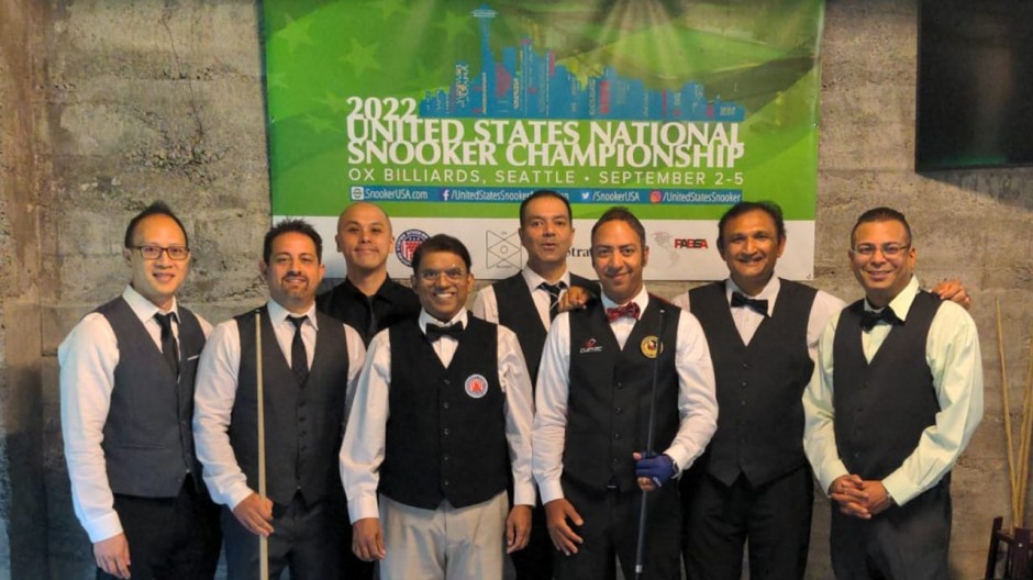 The eight players competing in the 1pm session of the round of 16 matches. From left to right: John Poon, Romil Azemat, Steven Wong, Sridhar Shrivinasan, Dharma Hemnani, Ahmed Aly Elsayed, Ajeya Prabhakar & Varun Raheja