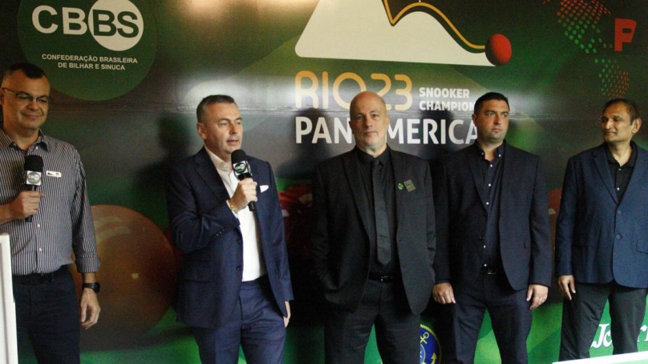 Jason Ferguson, WPBSA Chairman (pictured second left), speaking at the 2023 Pan American Snooker Championships being staged at the Rio de Janeiro Yacht Club in Brazil