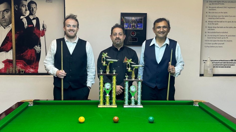 The 2024-25 Series Q Tour Americas event 2 finalists, Andy McCloskey (pictured left) and Ajeya Prabhakar (pictured right), with the proprietor of the Arizona Snooker Academy, Romil Azemat