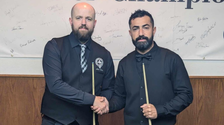 Albert Kenny (pictured left) and Renat Denkha prepare to do battle in the final of the 2024 Embassy Open