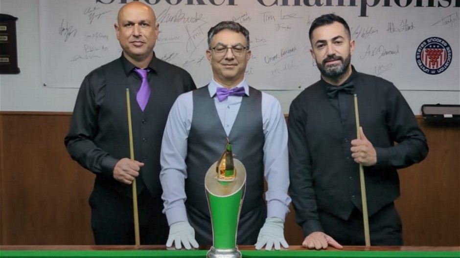 The 2024 United States National Snooker Championship finalists Daren Taylor and Renat Denkha, pictured with match referee Amitabh Seth and The Tom Kollins Trophy