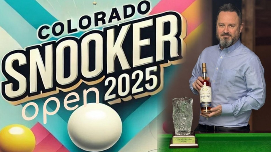2025 Colorado Snooker Open winner Dave Daly pictured with the trophy and a bottle of Two Drams blended whiskey, provided by event sponsor Breckenridge Distillery