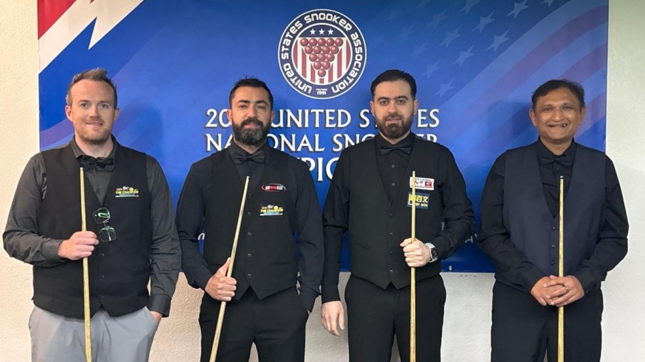 The 2025 United States National Snooker Championship semifinalists (from left to right), Andy McCloskey, Renat Denkha, Hasanain Alsultani and Ajeya Prabhakar